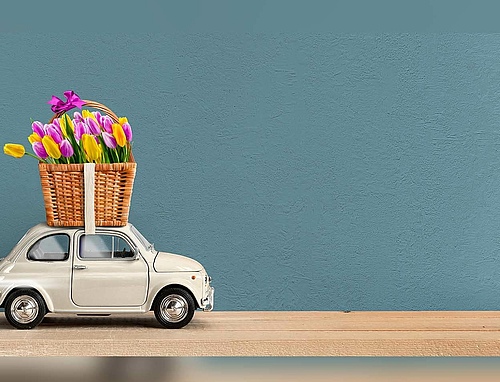 Ein Auto mit einem Korb voller Blumen der Ortsclubs